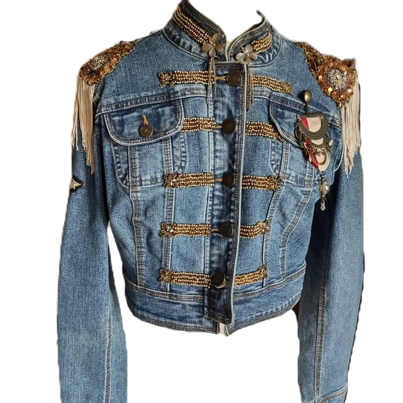 Upcycled Classic Denim Crop Jean Jacket With Hand Embellished Appliques - Picture 7 of 7